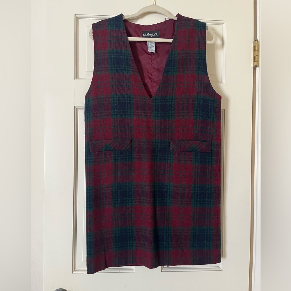 VTG Sag Harbor Petite Women’s Dress Size 10 Green Red Tartan Wool Blend